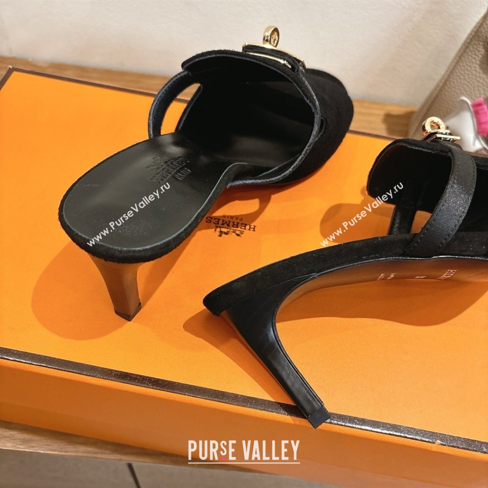 Hermes Kelly Strap Medium Heel Slides Sandal in Suede Black 2025 HS122201 (XC-251222099)