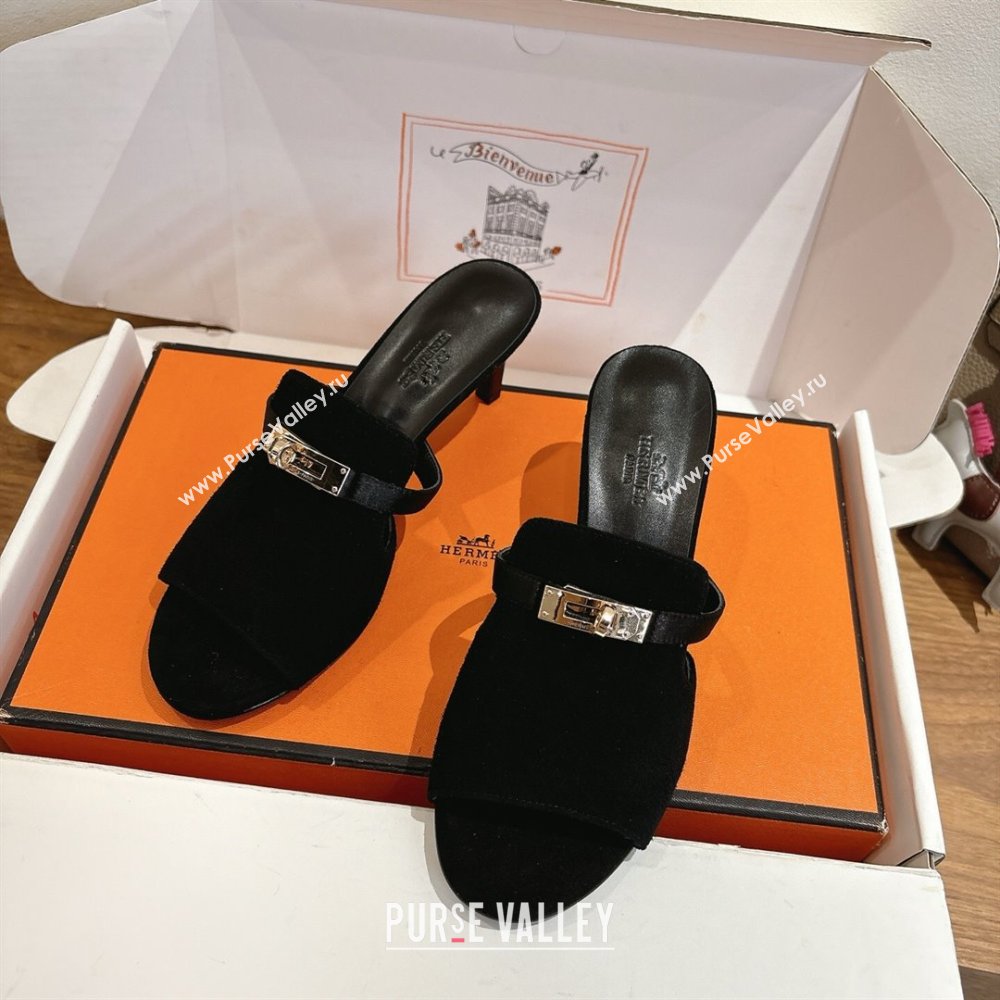 Hermes Kelly Strap Medium Heel Slides Sandal in Suede Black 2025 HS122201 (XC-251222099)