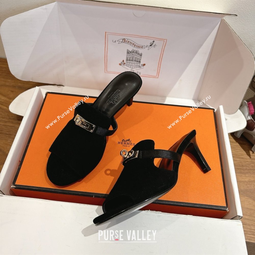 Hermes Kelly Strap Medium Heel Slides Sandal in Suede Black 2025 HS122201 (XC-251222099)