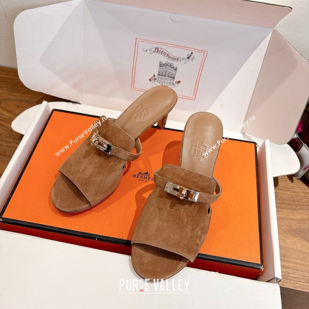 Hermes Kelly Strap Medium Heel Slides Sandal in Suede Light Brown 2025 HS122201 (XC-251222100)