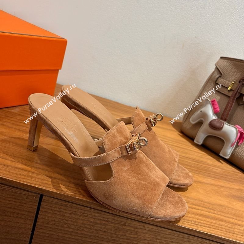 Hermes Kelly Strap Medium Heel Slides Sandal in Suede Light Brown 2025 HS122201 (XC-251222100)