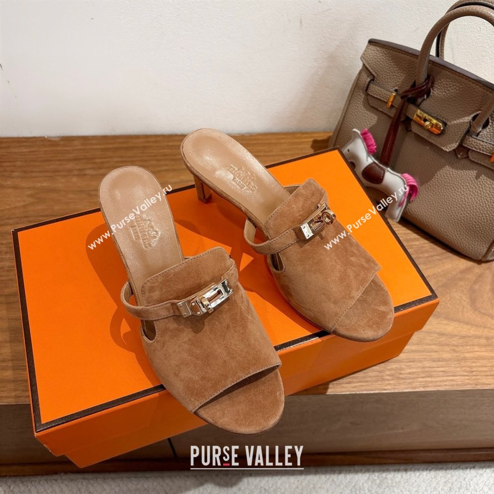 Hermes Kelly Strap Medium Heel Slides Sandal in Suede Light Brown 2025 HS122201 (XC-251222100)