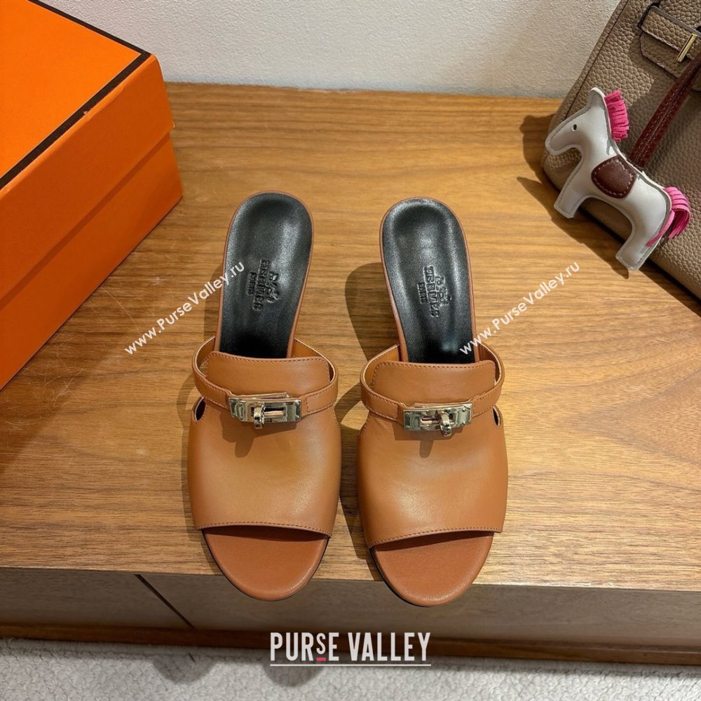 Hermes Kelly Strap Medium Heel Slides Sandal in Calfskin Leather Brown/Black 2025 HS122201 (XC-251222104)