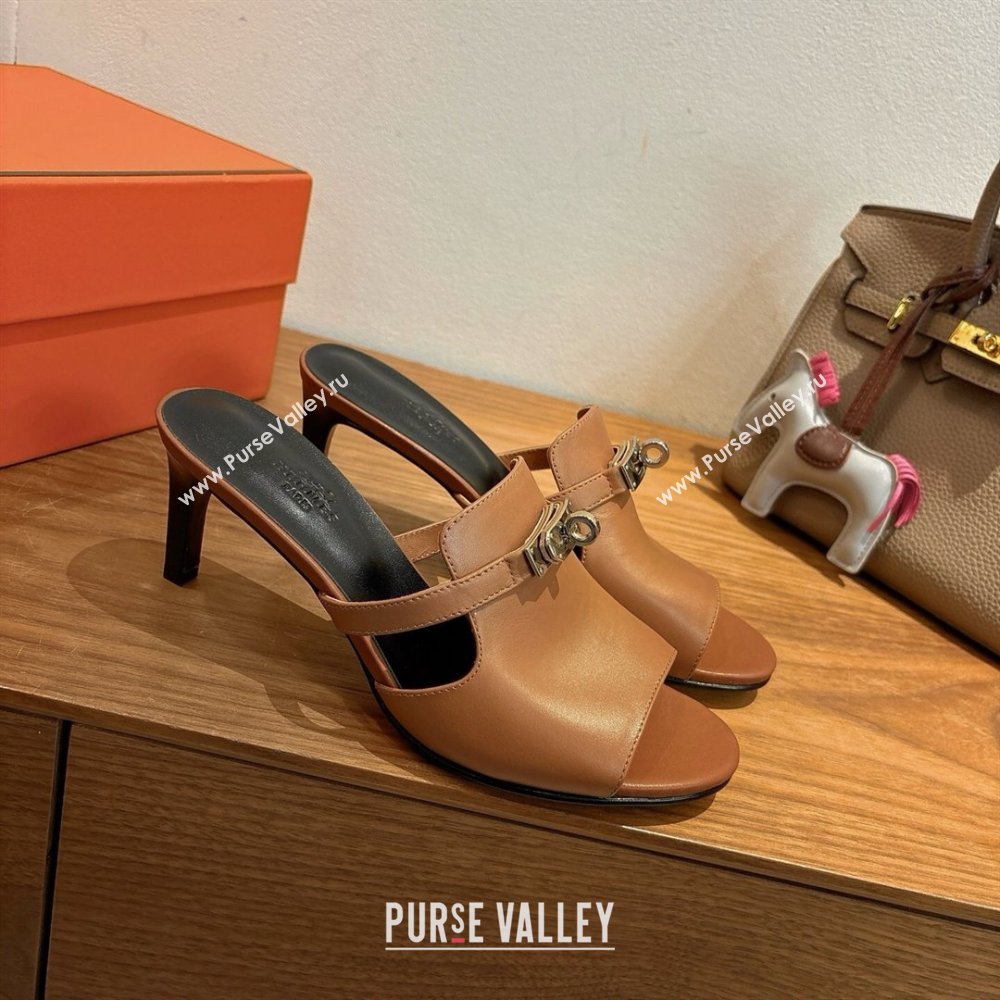 Hermes Kelly Strap Medium Heel Slides Sandal in Calfskin Leather Brown/Black 2025 HS122201 (XC-251222104)