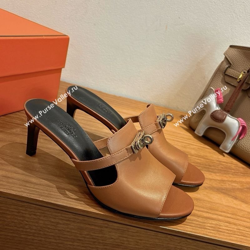 Hermes Kelly Strap Medium Heel Slides Sandal in Calfskin Leather Brown/Black 2025 HS122201 (XC-251222104)