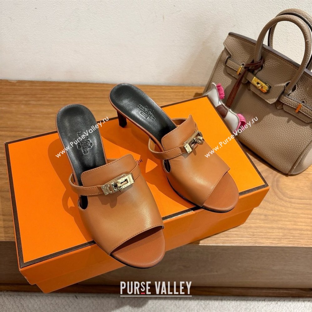 Hermes Kelly Strap Medium Heel Slides Sandal in Calfskin Leather Brown/Black 2025 HS122201 (XC-251222104)