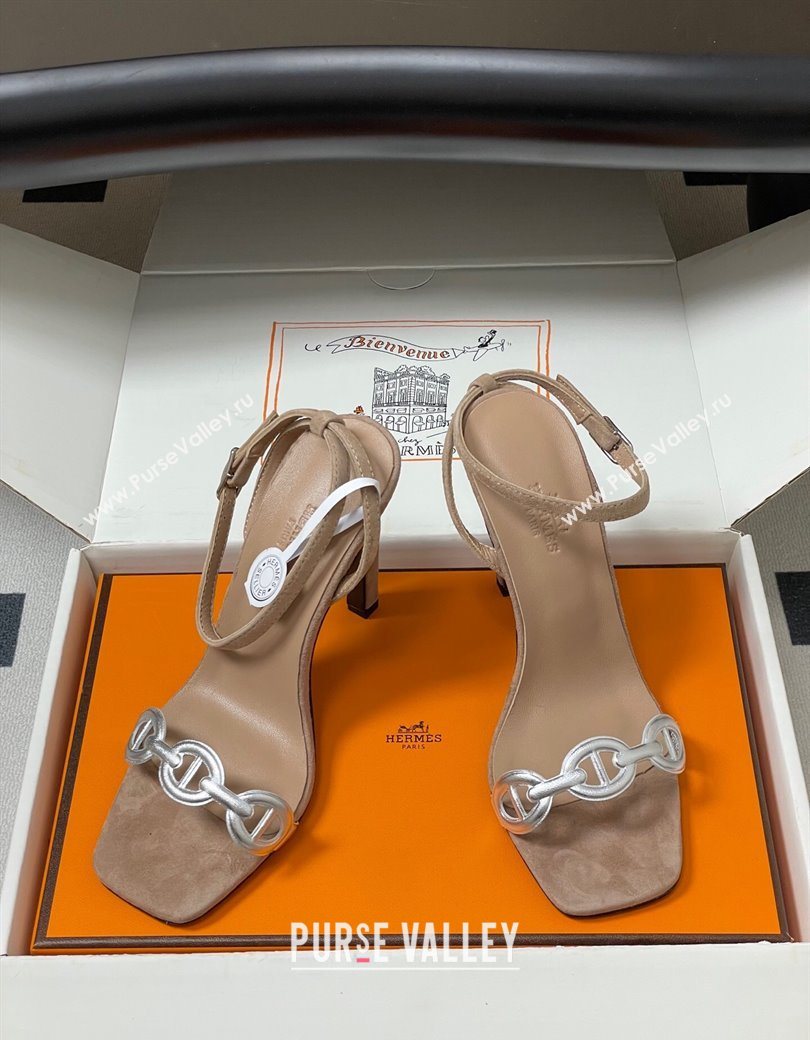 Hermes Luz Heel Sandals 10.5cm in Suede with Silver-Tone Strap Taupe 2025 (MD-251220002)