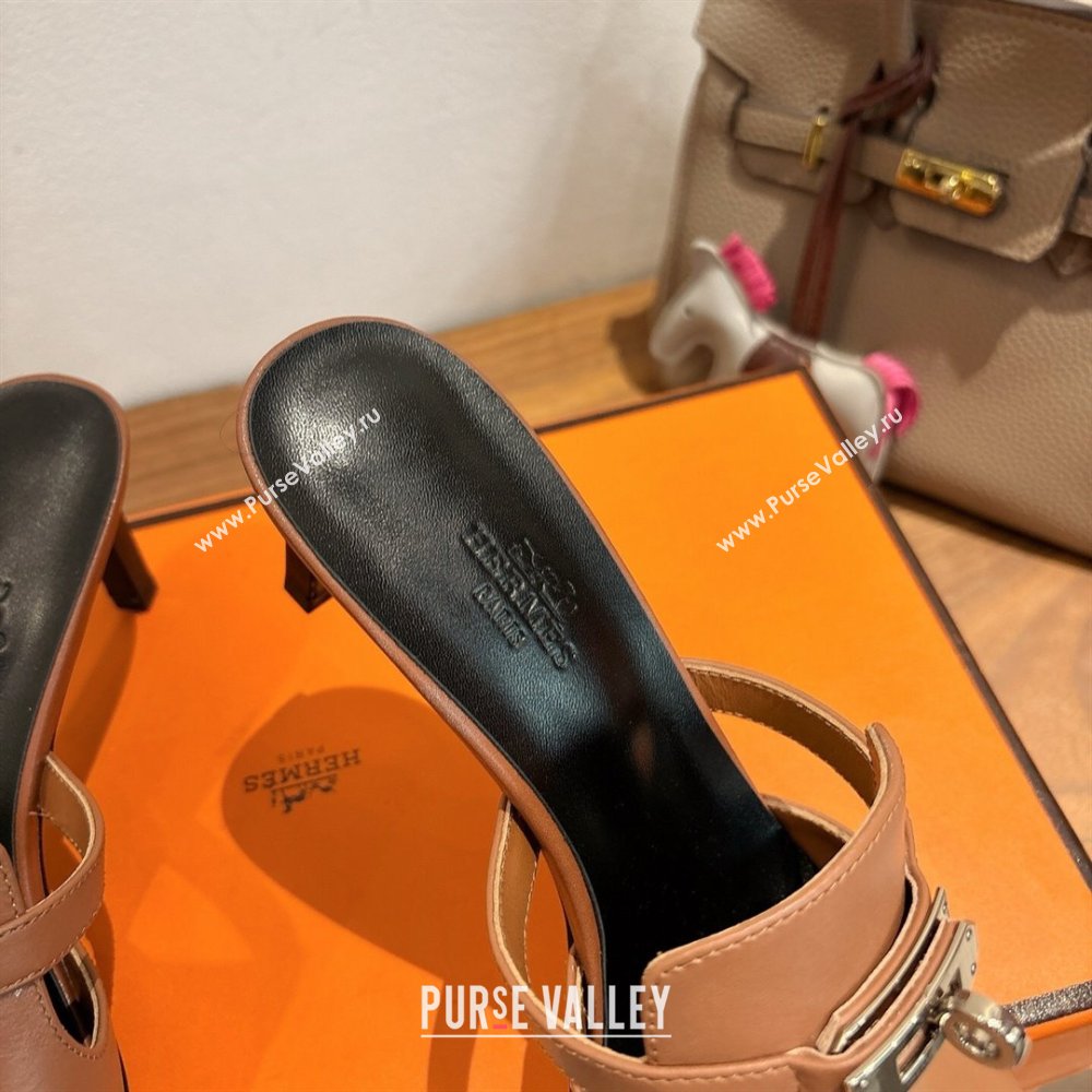 Hermes Kelly Strap Medium Heel Slides Sandal in Calfskin Leather Brown/Black 2025 HS122201 (XC-251222104)