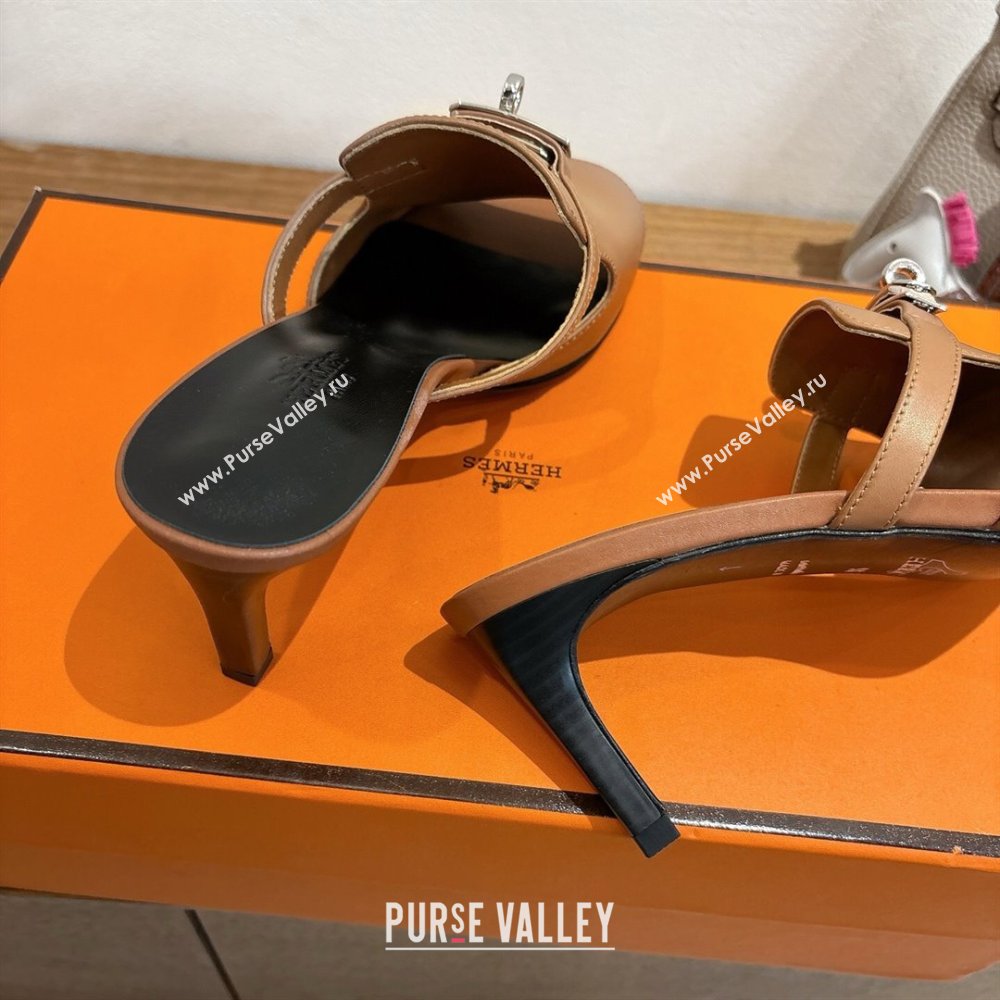 Hermes Kelly Strap Medium Heel Slides Sandal in Calfskin Leather Brown/Black 2025 HS122201 (XC-251222104)