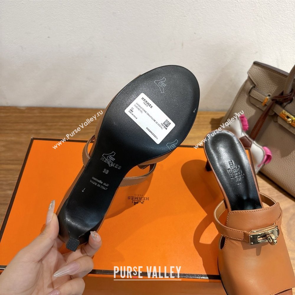 Hermes Kelly Strap Medium Heel Slides Sandal in Calfskin Leather Brown/Black 2025 HS122201 (XC-251222104)