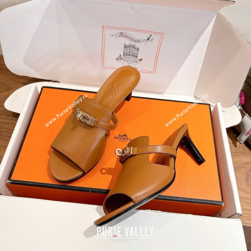 Hermes Kelly Strap Medium Heel Slides Sandal in Calfskin Leather Brown2 2025 HS122201 (XC-251222103)