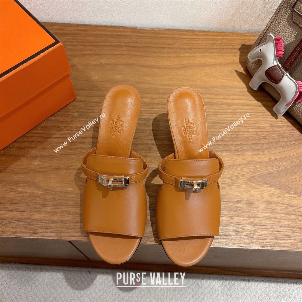 Hermes Kelly Strap Medium Heel Slides Sandal in Calfskin Leather Brown2 2025 HS122201 (XC-251222103)
