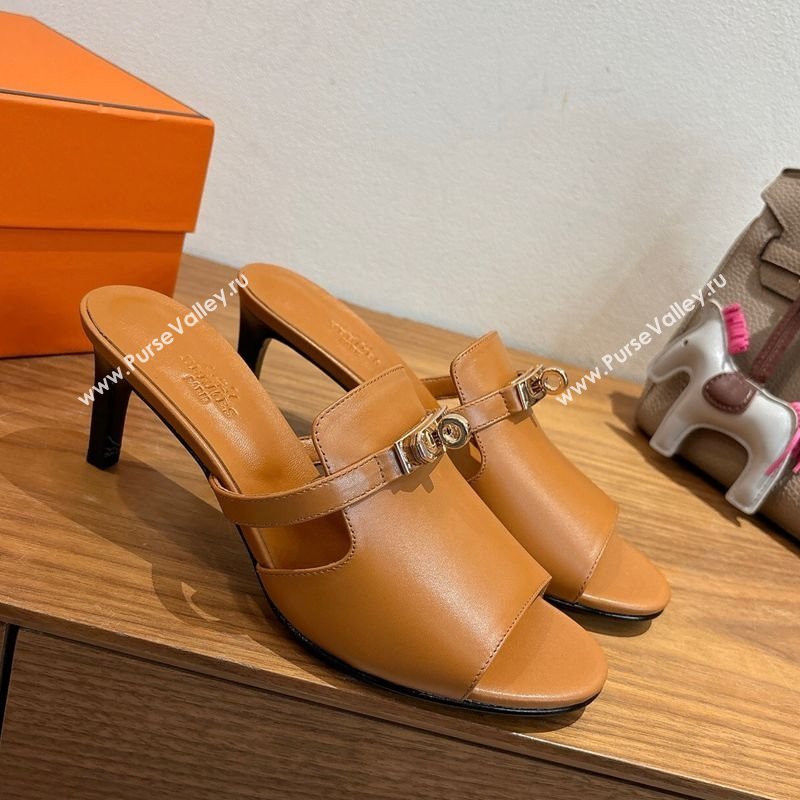 Hermes Kelly Strap Medium Heel Slides Sandal in Calfskin Leather Brown2 2025 HS122201 (XC-251222103)