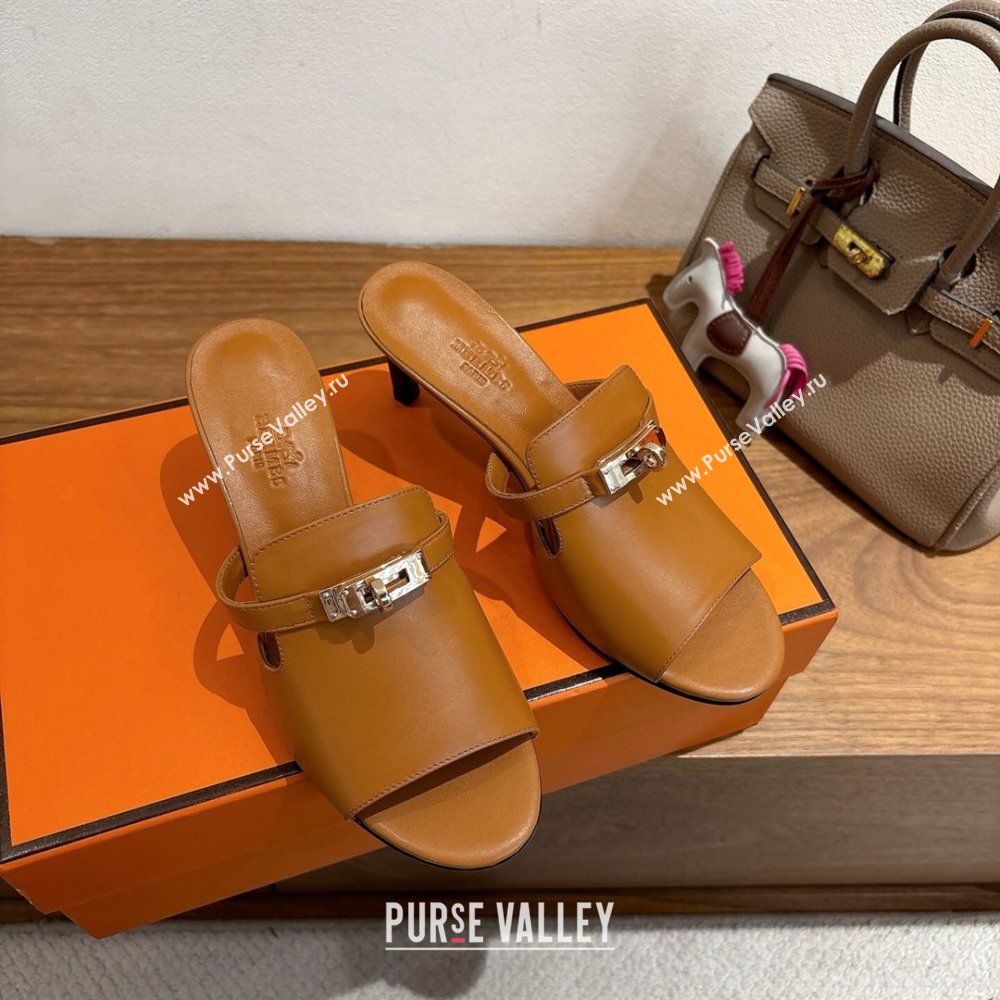 Hermes Kelly Strap Medium Heel Slides Sandal in Calfskin Leather Brown2 2025 HS122201 (XC-251222103)