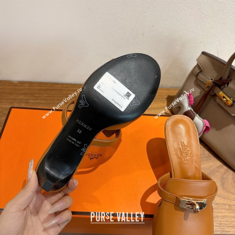 Hermes Kelly Strap Medium Heel Slides Sandal in Calfskin Leather Brown2 2025 HS122201 (XC-251222103)