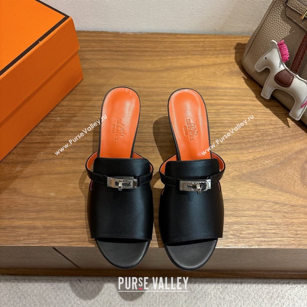 Hermes Kelly Strap Medium Heel Slides Sandal in Calfskin Leather Black/Orange 2025 HS122201 (XC-251222105)