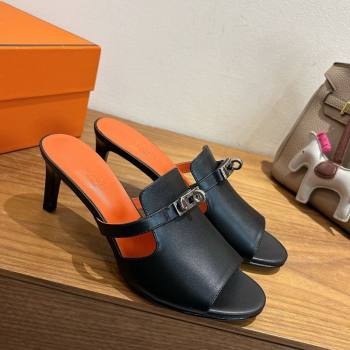 Hermes Kelly Strap Medium Heel Slides Sandal in Calfskin Leather Black/Orange 2025 HS122201 (XC-251222105)