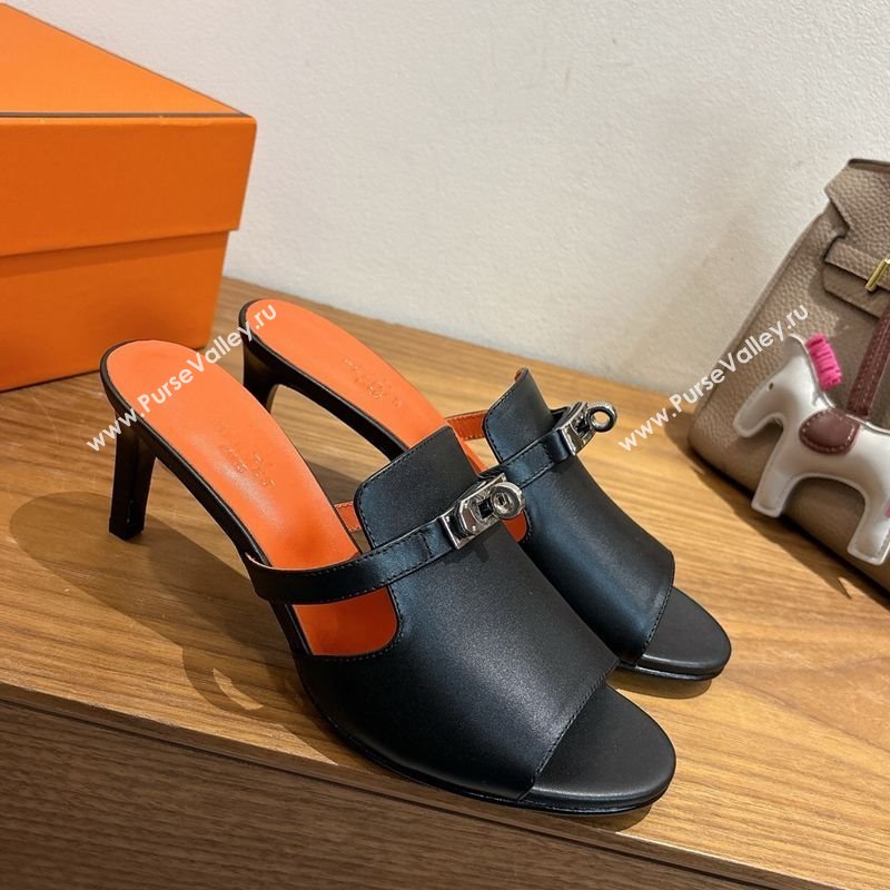 Hermes Kelly Strap Medium Heel Slides Sandal in Calfskin Leather Black/Orange 2025 HS122201 (XC-251222105)
