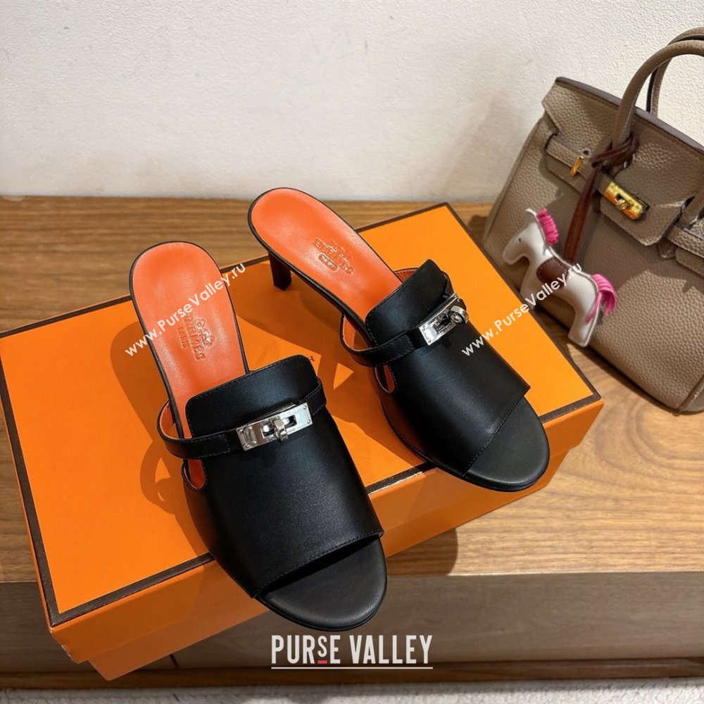 Hermes Kelly Strap Medium Heel Slides Sandal in Calfskin Leather Black/Orange 2025 HS122201 (XC-251222105)