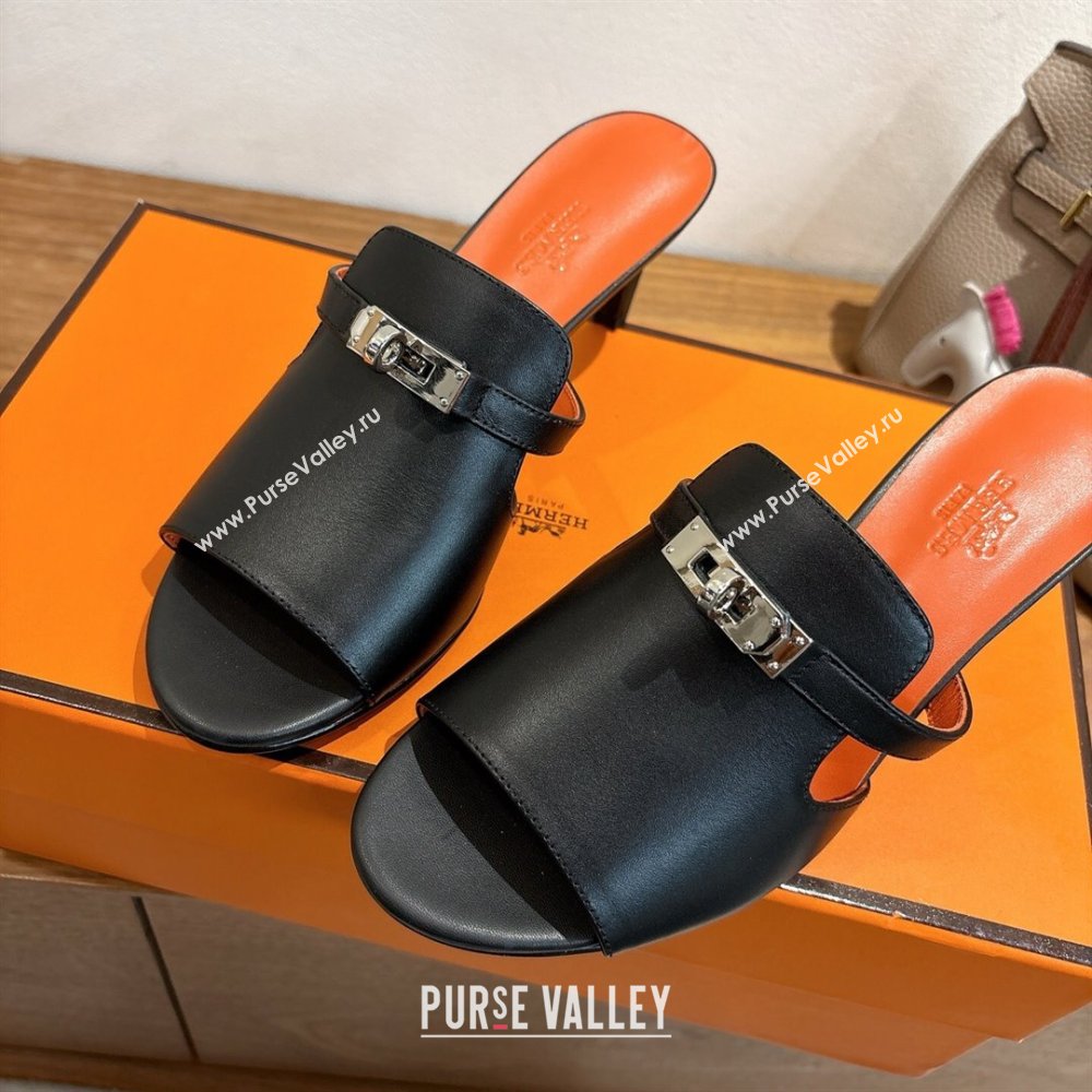 Hermes Kelly Strap Medium Heel Slides Sandal in Calfskin Leather Black/Orange 2025 HS122201 (XC-251222105)