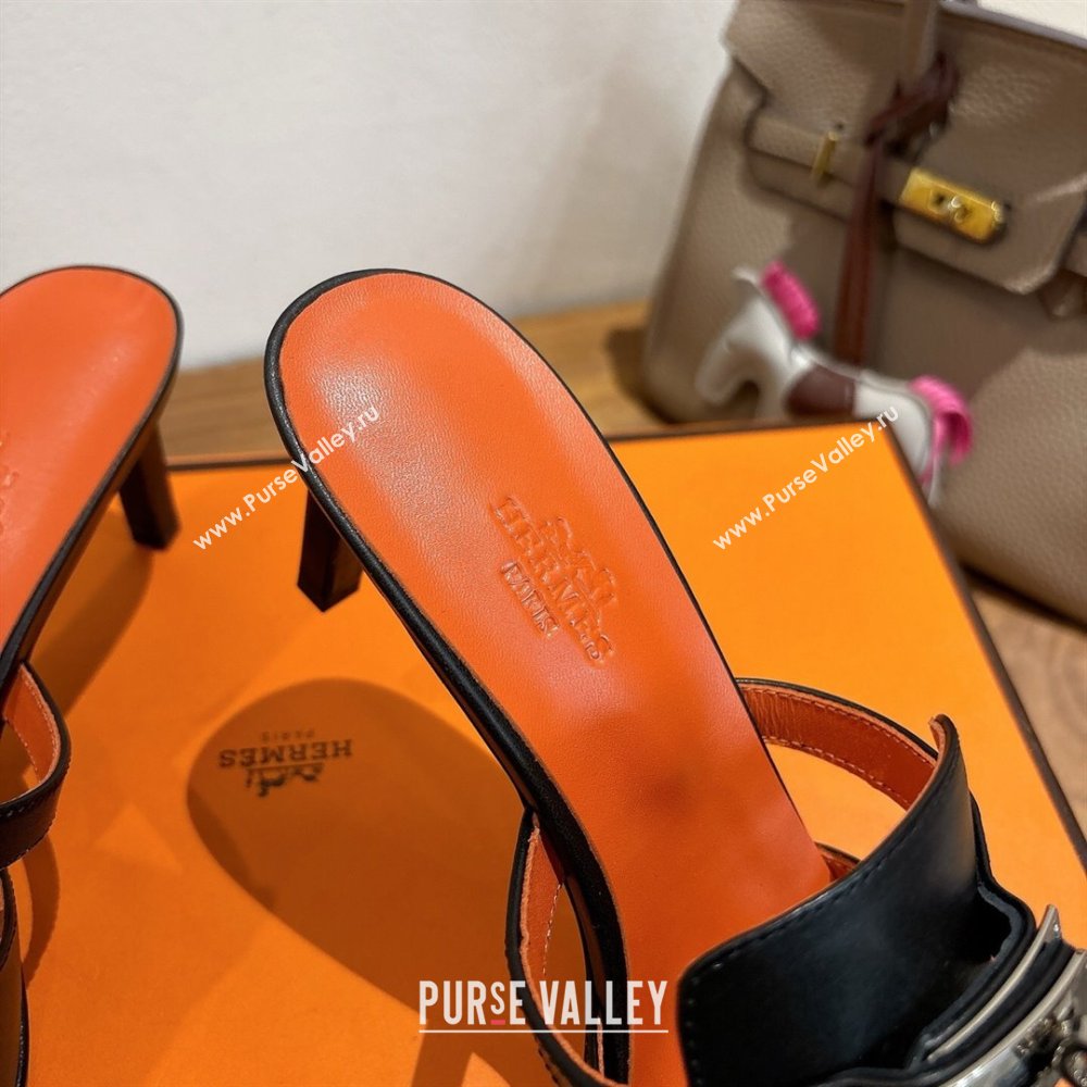 Hermes Kelly Strap Medium Heel Slides Sandal in Calfskin Leather Black/Orange 2025 HS122201 (XC-251222105)