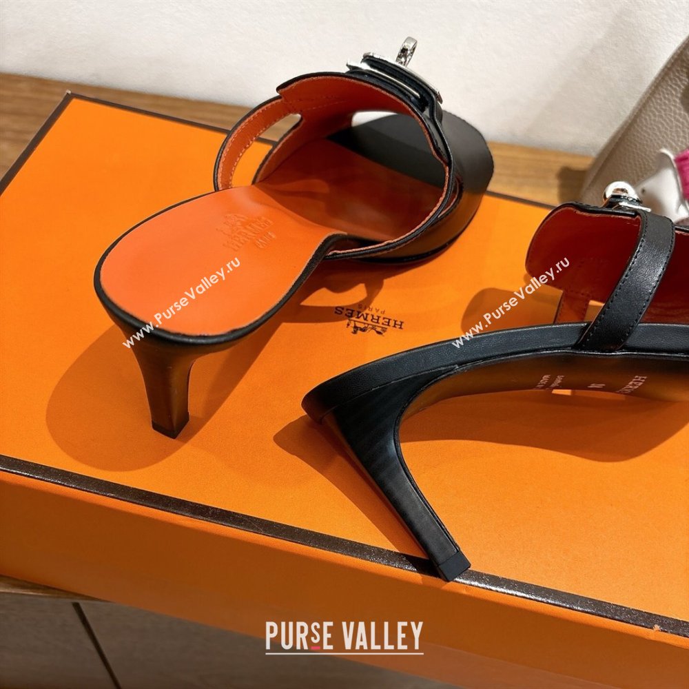 Hermes Kelly Strap Medium Heel Slides Sandal in Calfskin Leather Black/Orange 2025 HS122201 (XC-251222105)