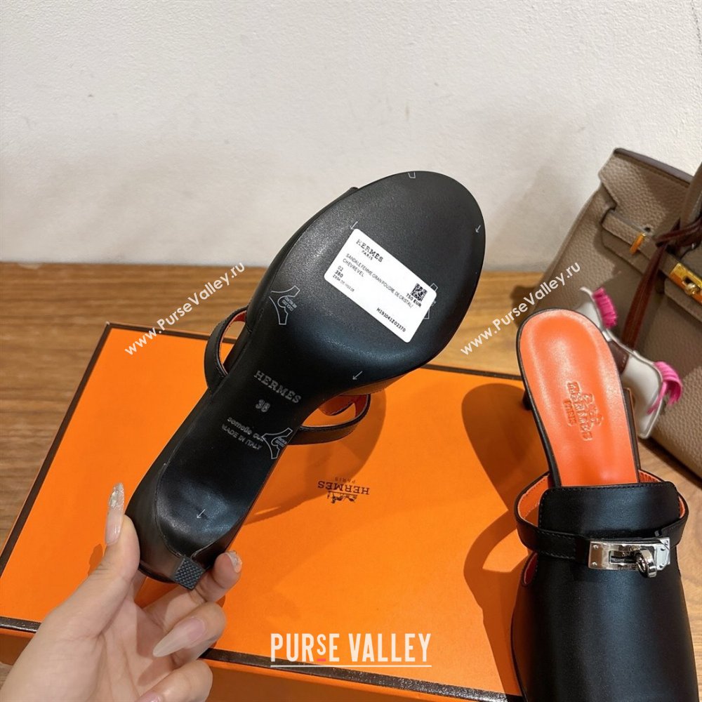 Hermes Kelly Strap Medium Heel Slides Sandal in Calfskin Leather Black/Orange 2025 HS122201 (XC-251222105)