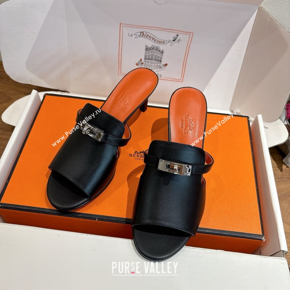 Hermes Kelly Strap Medium Heel Slides Sandal in Calfskin Leather Black/Orange 2025 HS122201 (XC-251222105)