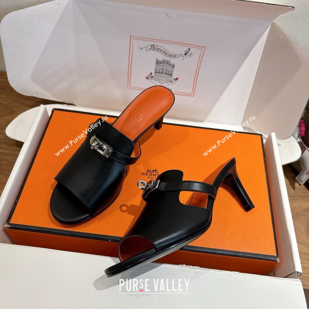 Hermes Kelly Strap Medium Heel Slides Sandal in Calfskin Leather Black/Orange 2025 HS122201 (XC-251222105)