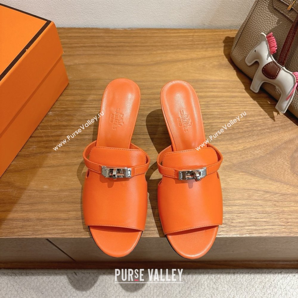 Hermes Kelly Strap Medium Heel Slides Sandal in Calfskin Leather Orange2 2025 HS122201 (XC-251222107)