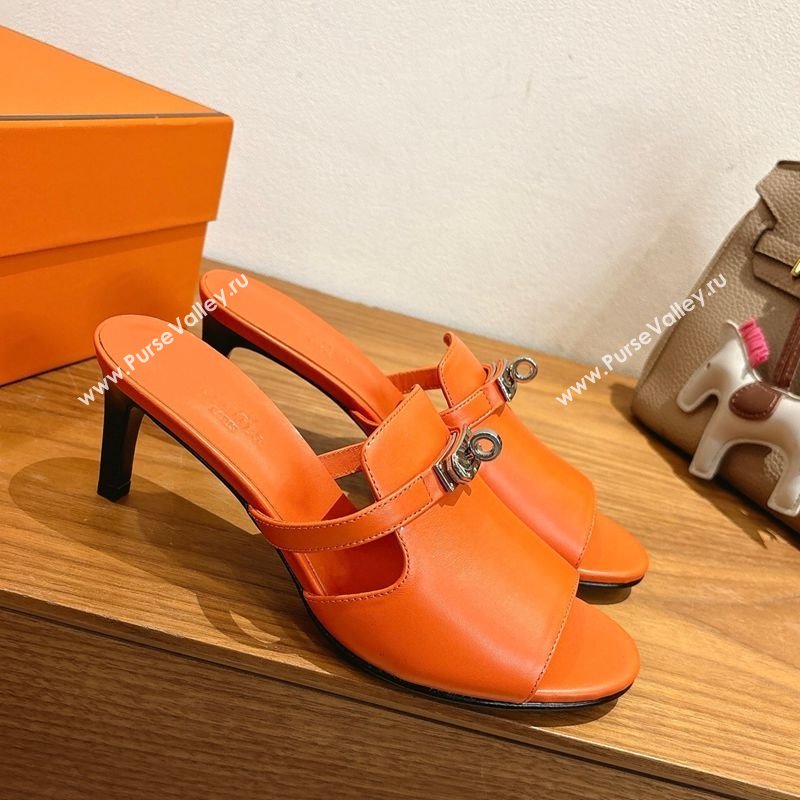 Hermes Kelly Strap Medium Heel Slides Sandal in Calfskin Leather Orange2 2025 HS122201 (XC-251222107)