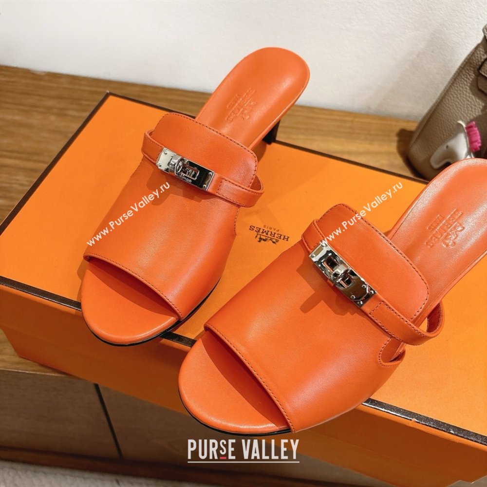 Hermes Kelly Strap Medium Heel Slides Sandal in Calfskin Leather Orange2 2025 HS122201 (XC-251222107)