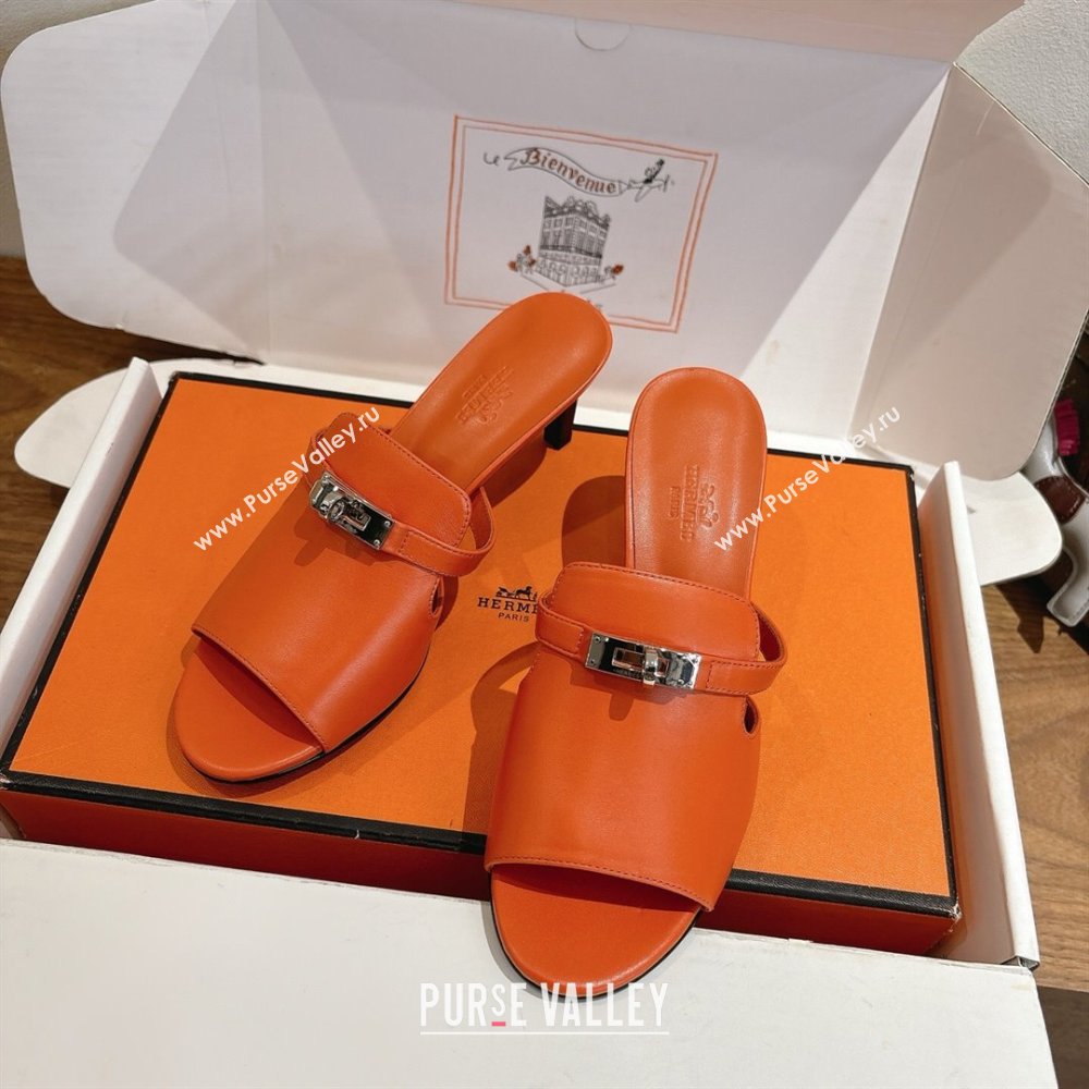 Hermes Kelly Strap Medium Heel Slides Sandal in Calfskin Leather Orange2 2025 HS122201 (XC-251222107)