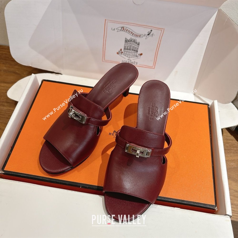 Hermes Kelly Strap Medium Heel Slides Sandal in Calfskin Leather Dark Burgundy 2025 HS122201 (XC-251222109)