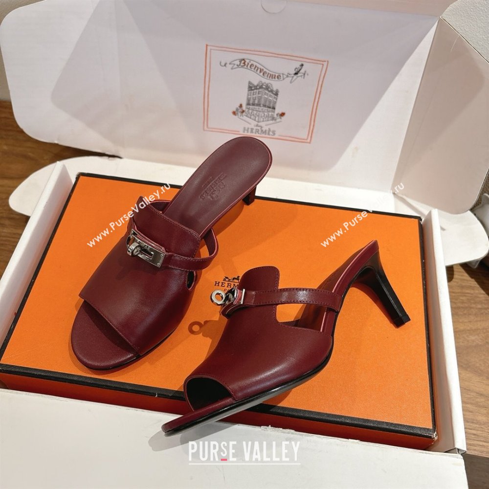 Hermes Kelly Strap Medium Heel Slides Sandal in Calfskin Leather Dark Burgundy 2025 HS122201 (XC-251222109)