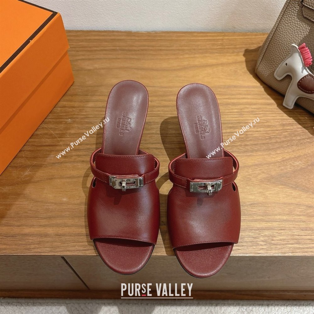 Hermes Kelly Strap Medium Heel Slides Sandal in Calfskin Leather Dark Burgundy 2025 HS122201 (XC-251222109)