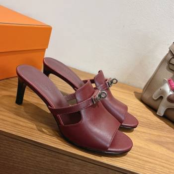 Hermes Kelly Strap Medium Heel Slides Sandal in Calfskin Leather Dark Burgundy 2025 HS122201 (XC-251222109)