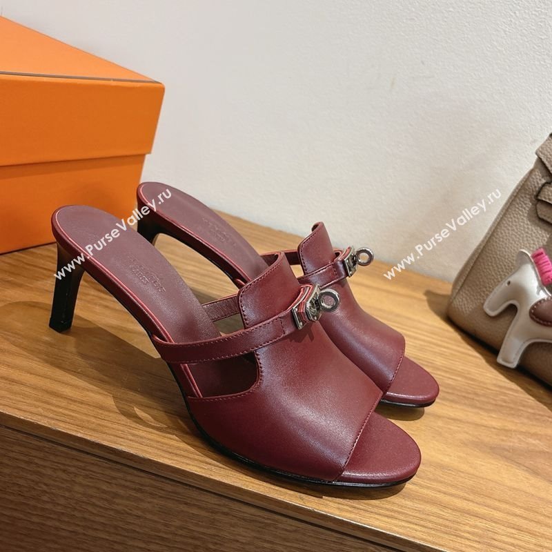 Hermes Kelly Strap Medium Heel Slides Sandal in Calfskin Leather Dark Burgundy 2025 HS122201 (XC-251222109)