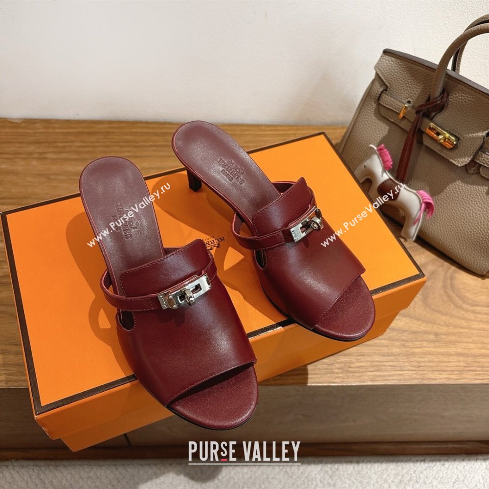 Hermes Kelly Strap Medium Heel Slides Sandal in Calfskin Leather Dark Burgundy 2025 HS122201 (XC-251222109)
