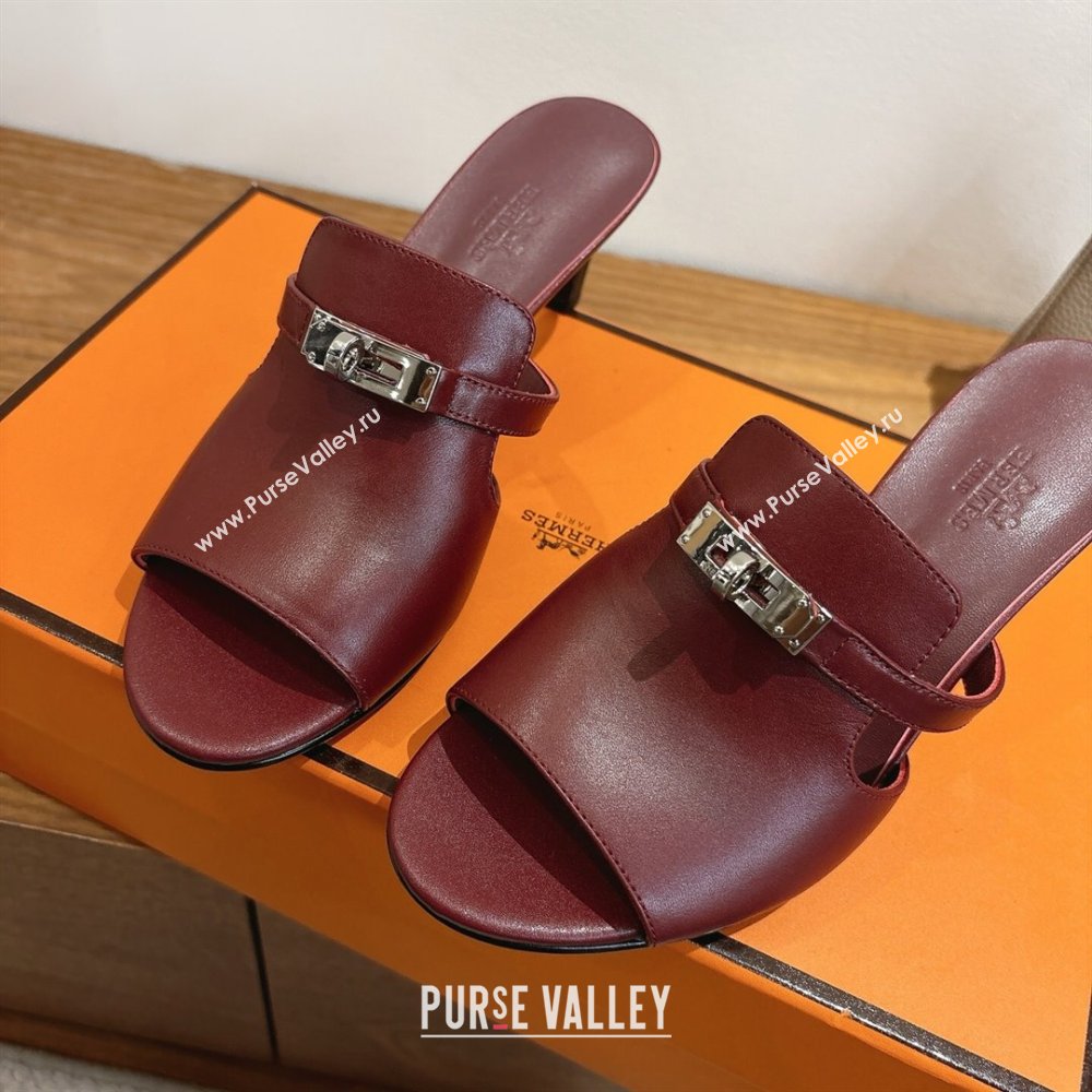 Hermes Kelly Strap Medium Heel Slides Sandal in Calfskin Leather Dark Burgundy 2025 HS122201 (XC-251222109)
