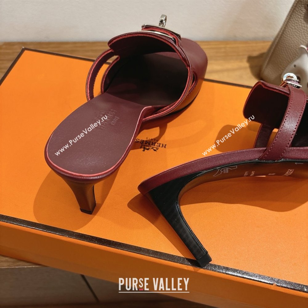 Hermes Kelly Strap Medium Heel Slides Sandal in Calfskin Leather Dark Burgundy 2025 HS122201 (XC-251222109)