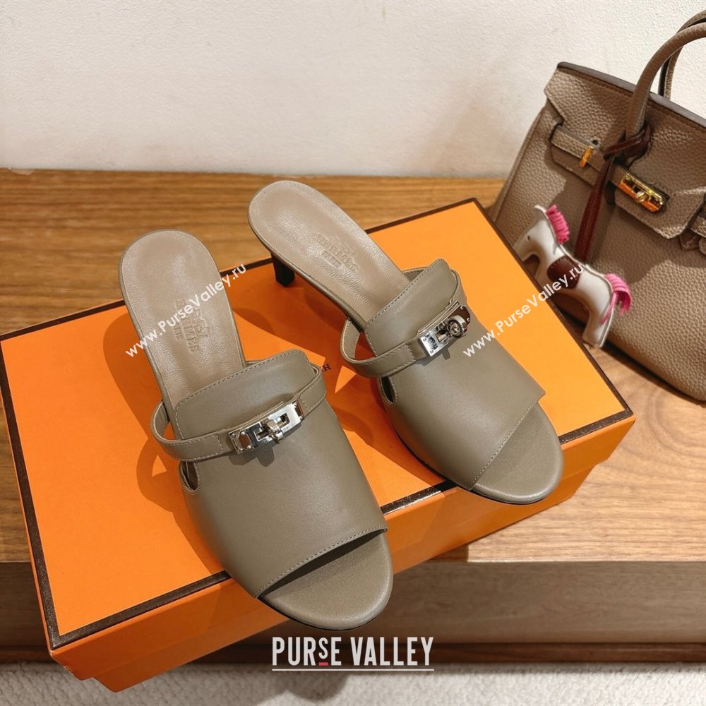 Hermes Kelly Strap Medium Heel Slides Sandal in Calfskin Leather Grey2 2025 HS122201 (XC-251222110)
