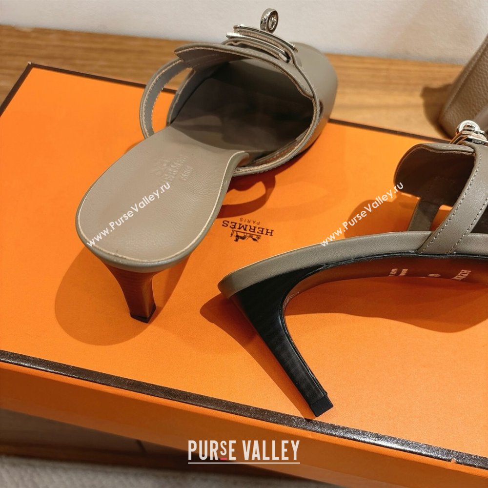 Hermes Kelly Strap Medium Heel Slides Sandal in Calfskin Leather Grey2 2025 HS122201 (XC-251222110)