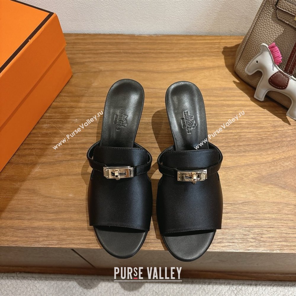 Hermes Kelly Strap Medium Heel Slides Sandal in Calfskin Leather Black2 2025 HS122201 (XC-251222113)