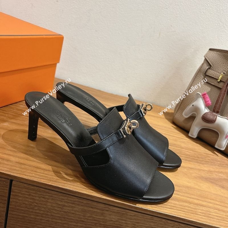 Hermes Kelly Strap Medium Heel Slides Sandal in Calfskin Leather Black2 2025 HS122201 (XC-251222113)