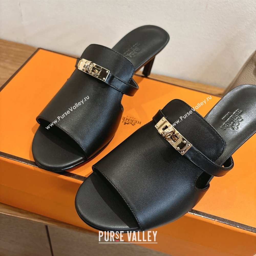 Hermes Kelly Strap Medium Heel Slides Sandal in Calfskin Leather Black2 2025 HS122201 (XC-251222113)