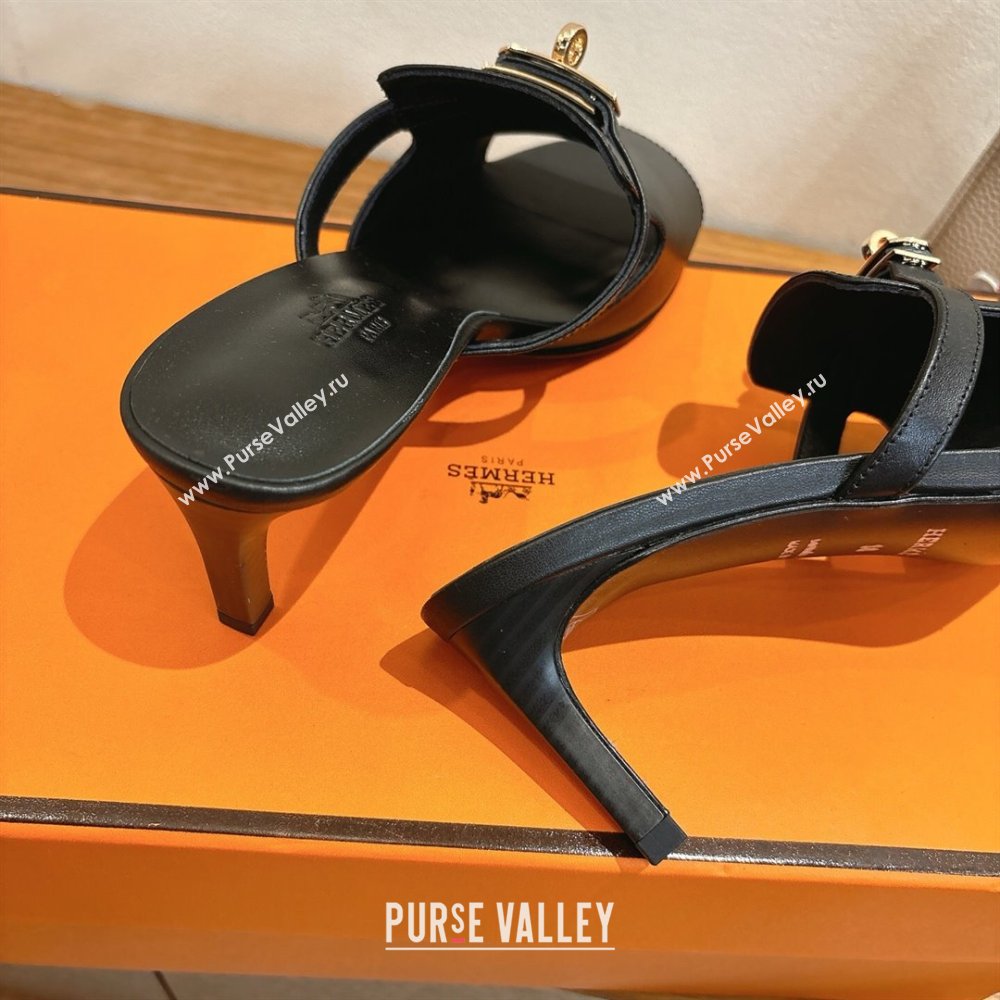 Hermes Kelly Strap Medium Heel Slides Sandal in Calfskin Leather Black2 2025 HS122201 (XC-251222113)