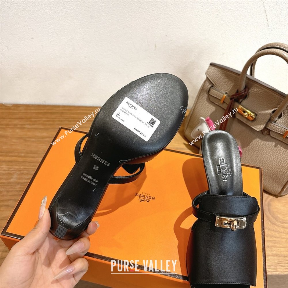 Hermes Kelly Strap Medium Heel Slides Sandal in Calfskin Leather Black2 2025 HS122201 (XC-251222113)