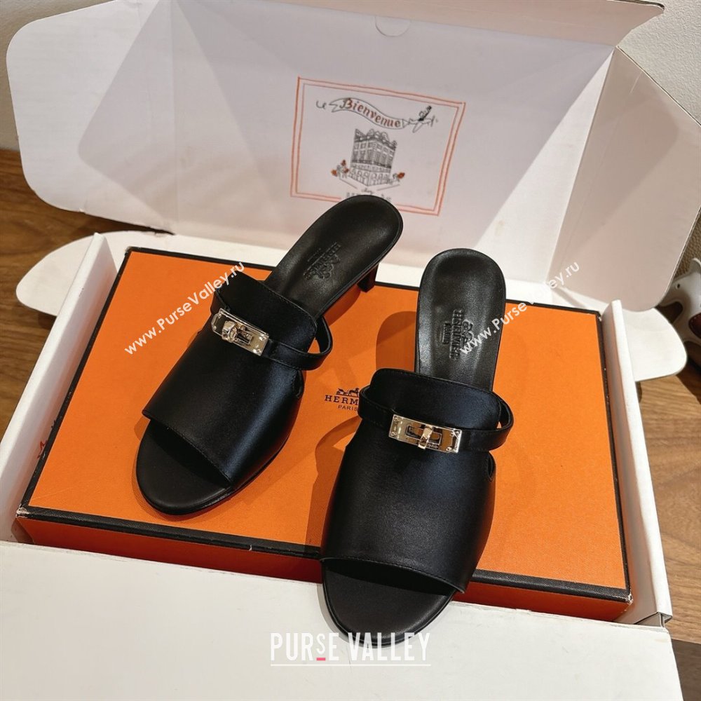 Hermes Kelly Strap Medium Heel Slides Sandal in Calfskin Leather Black2 2025 HS122201 (XC-251222113)