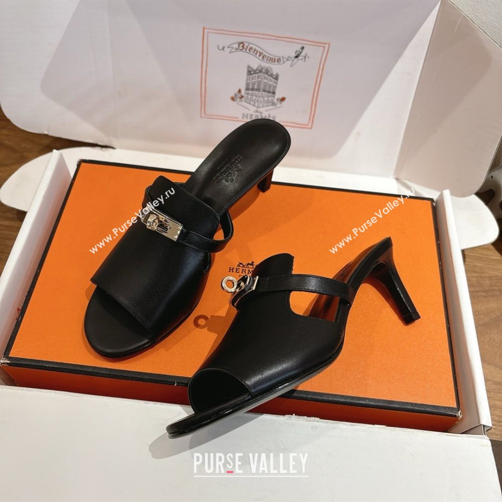 Hermes Kelly Strap Medium Heel Slides Sandal in Calfskin Leather Black2 2025 HS122201 (XC-251222113)